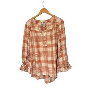 Monroe and Main Women's Plaid Tunic Top Long Sleeve V Neck‎ Boho Orange Cream  M